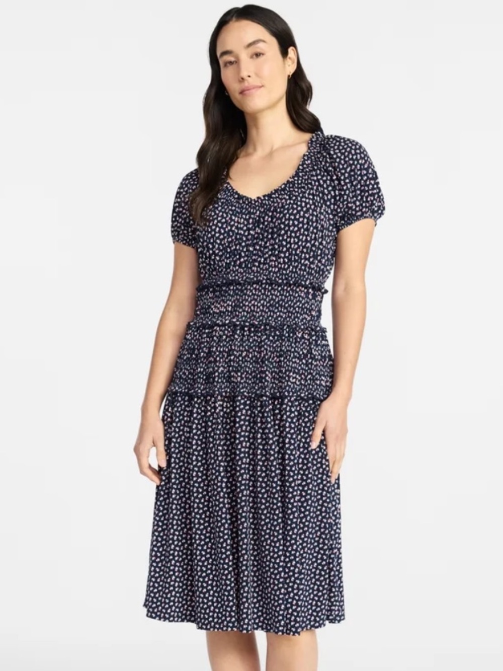 2/$20 Time & Tru midi dress smocked navy red white blue small 4th July modest